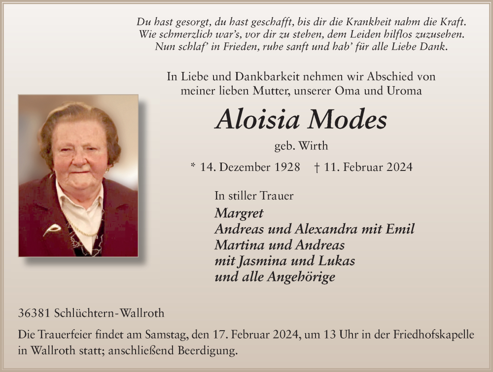 Traueranzeige für Aloisia Modes vom 14.02.2024 aus FZ