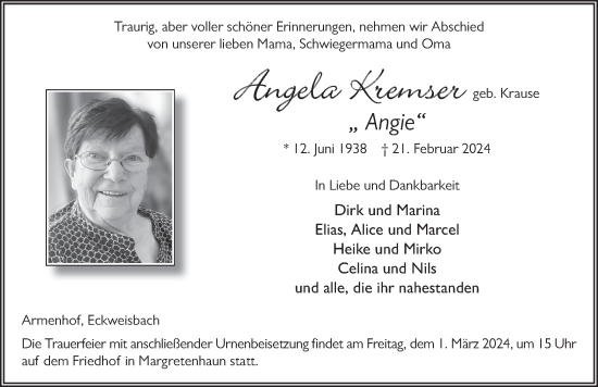 Traueranzeige von Angela Kremser von FZ