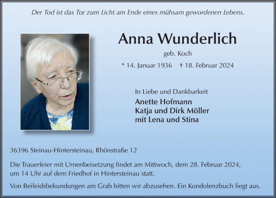 Traueranzeige von Anna Wunderlich von FZ