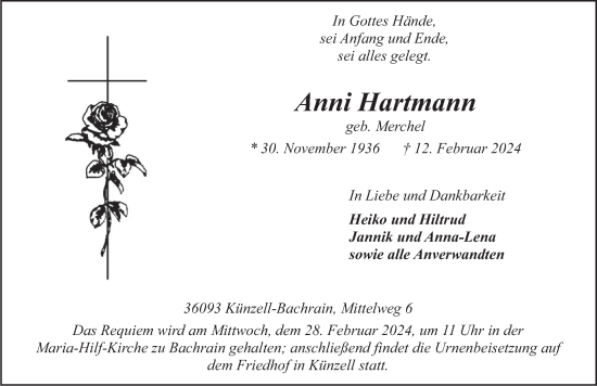 Traueranzeige von Anni Hartmann von FZ
