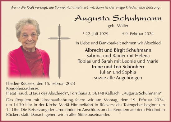 Traueranzeige von Augusta Schuhmann von FZ