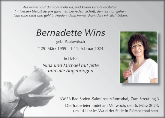 Traueranzeige von Bernadette Wins von FZ