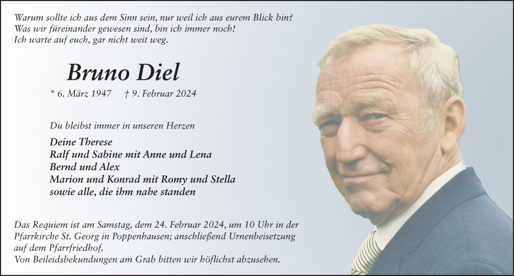  Traueranzeige für Bruno Diel vom 21.02.2024 aus FZ