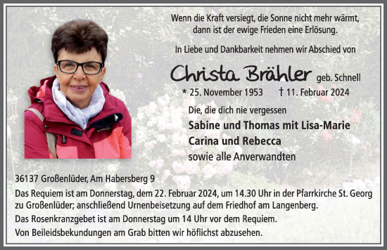Traueranzeige von Christa Brähler von FZ
