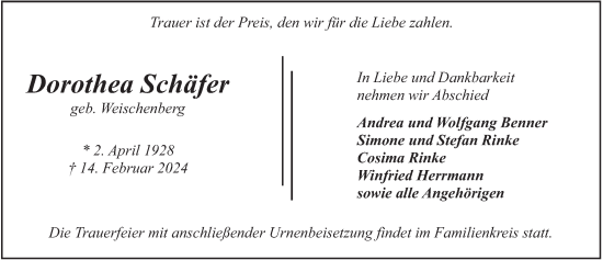 Traueranzeige von Dorothea Schäfer von FZ
