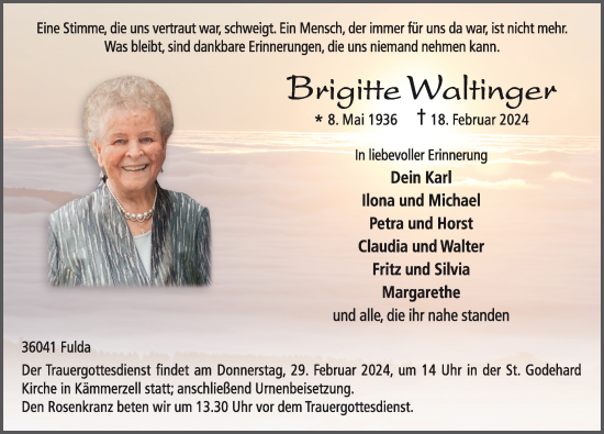 Traueranzeige von Brigitte Waltinger von FZ