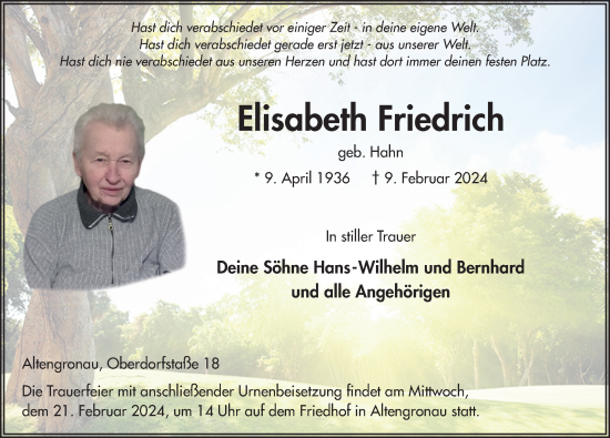 Traueranzeige von Elisabeth Friedrich von FZ
