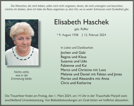 Traueranzeige von Elisabeth Haschek von FZ