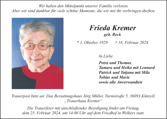 Traueranzeige von Frieda Kremer von FZ