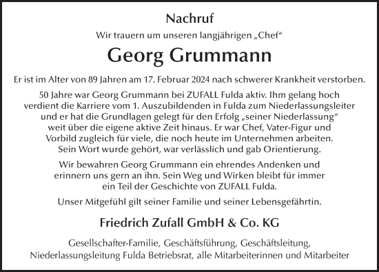 Traueranzeige von Georg Grummann von FZ