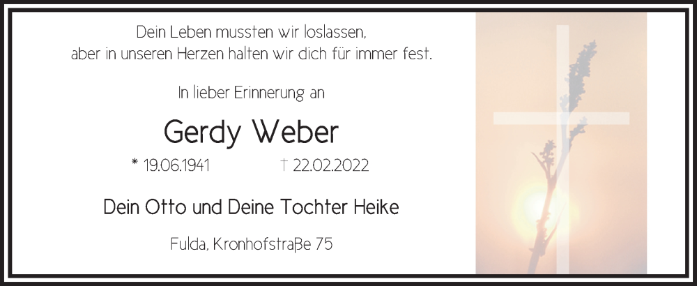  Traueranzeige für Gerdy Weber vom 22.02.2024 aus FZ