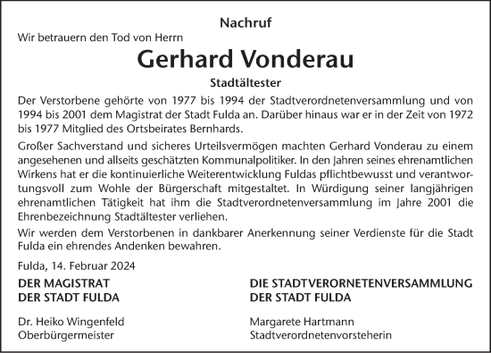 Traueranzeige von Gerhard Vonderau von FZ