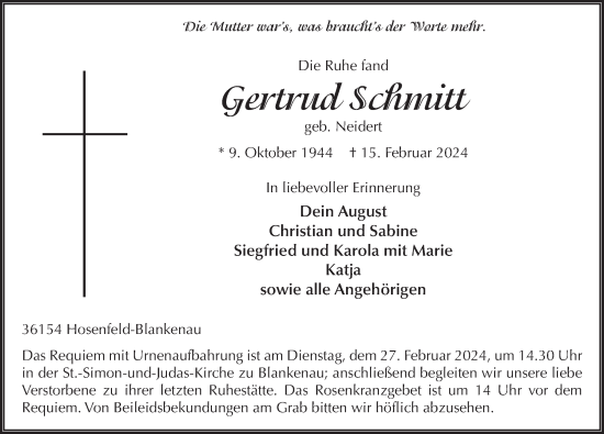Traueranzeige von Gertrud Schmitt von FZ