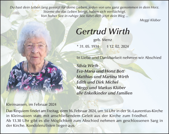 Traueranzeige von Gertrud Wirth von FZ