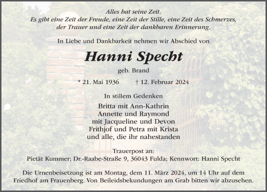 Traueranzeige von Hanni Specht von FZ