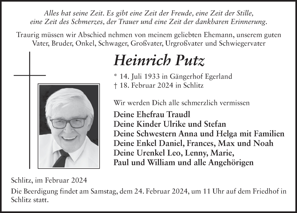  Traueranzeige für Heinrich Putz vom 21.02.2024 aus FZ