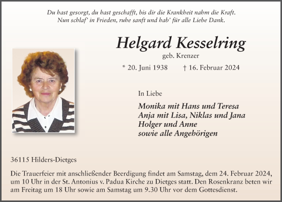 Traueranzeige von Helgard Kesselring von FZ