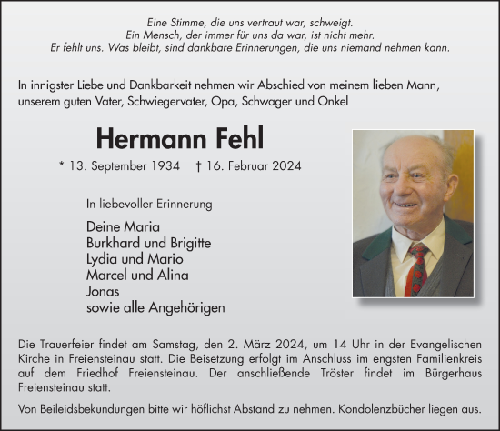 Traueranzeige von Hermann Fehl von FZ