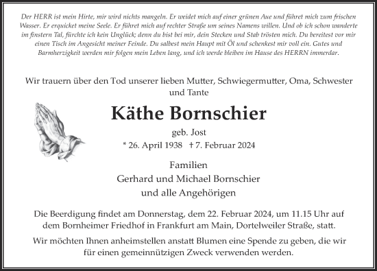 Traueranzeige von Käthe Bornschier von FZ