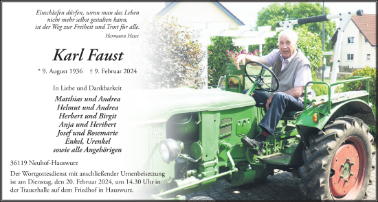 Traueranzeige von Karl Faust von FZ