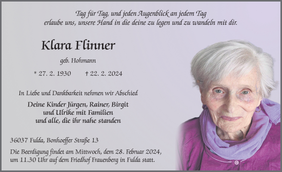 Traueranzeige von Klara Flinner von FZ