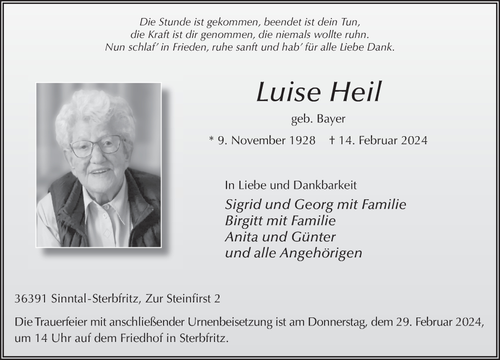  Traueranzeige für Luise Heil vom 24.02.2024 aus FZ