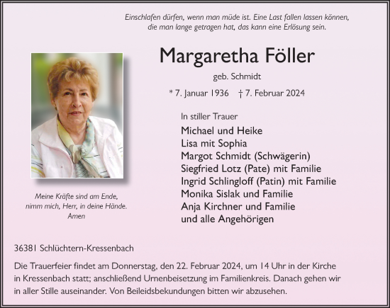 Traueranzeige von Margaretha Föller von FZ