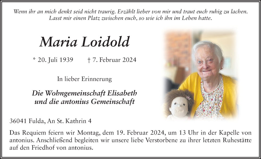  Traueranzeige für Maria Loidold vom 16.02.2024 aus FZ