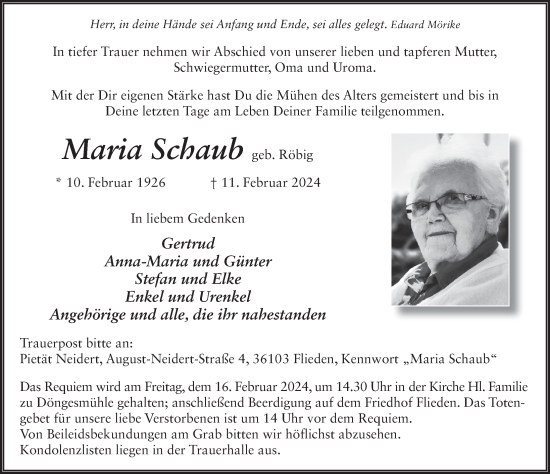 Traueranzeige von Maria Schaub von FZ