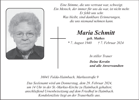 Traueranzeige von Maria Schmitt von FZ