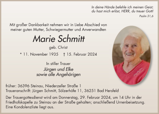 Traueranzeige von Marie Schmitt von FZ