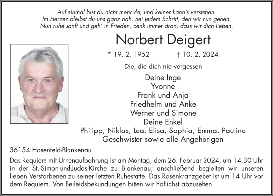 Traueranzeige von Norbert Deigert von FZ