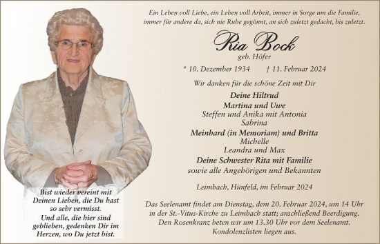 Traueranzeige von Ria Bock von FZ