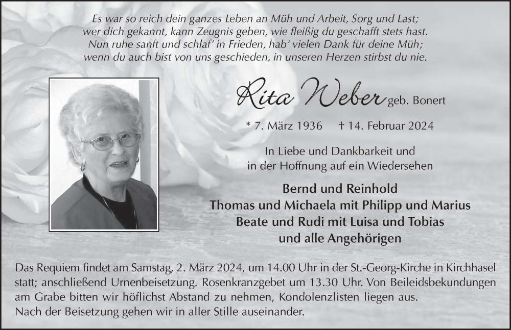  Traueranzeige für Rita Weber vom 24.02.2024 aus FZ