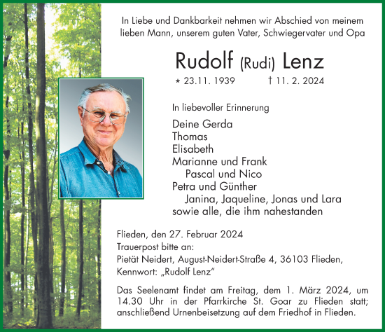 Traueranzeige von Rudolf Lenz von FZ