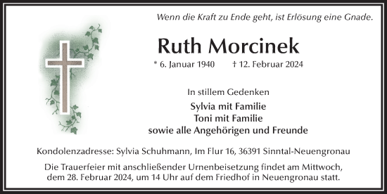 Traueranzeige von Ruth Morcinek von FZ