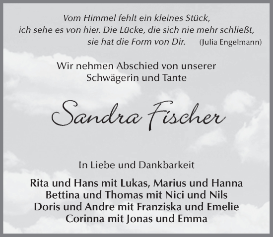 Traueranzeige von Sandra Fischer von FZ