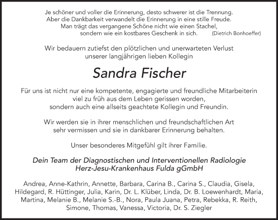 Traueranzeige von Sandra Fischer von FZ