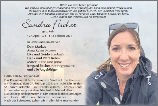 Traueranzeige von Sandra Fischer von FZ