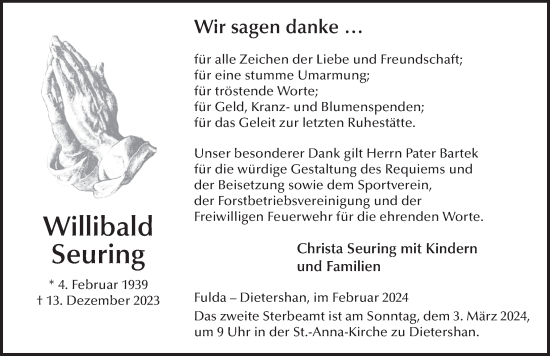 Traueranzeige von Willibald Seuring von FZ
