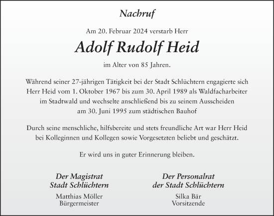 Traueranzeige von Adolf Heid von FZ