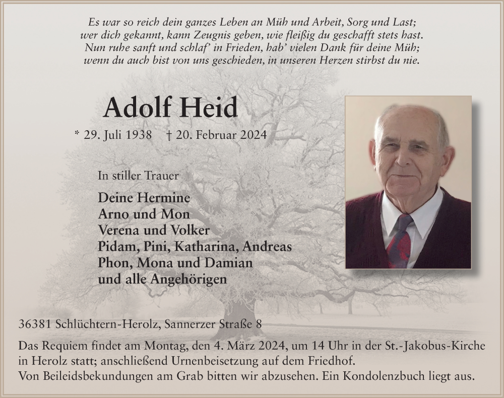  Traueranzeige für Adolf Heid vom 02.03.2024 aus FZ
