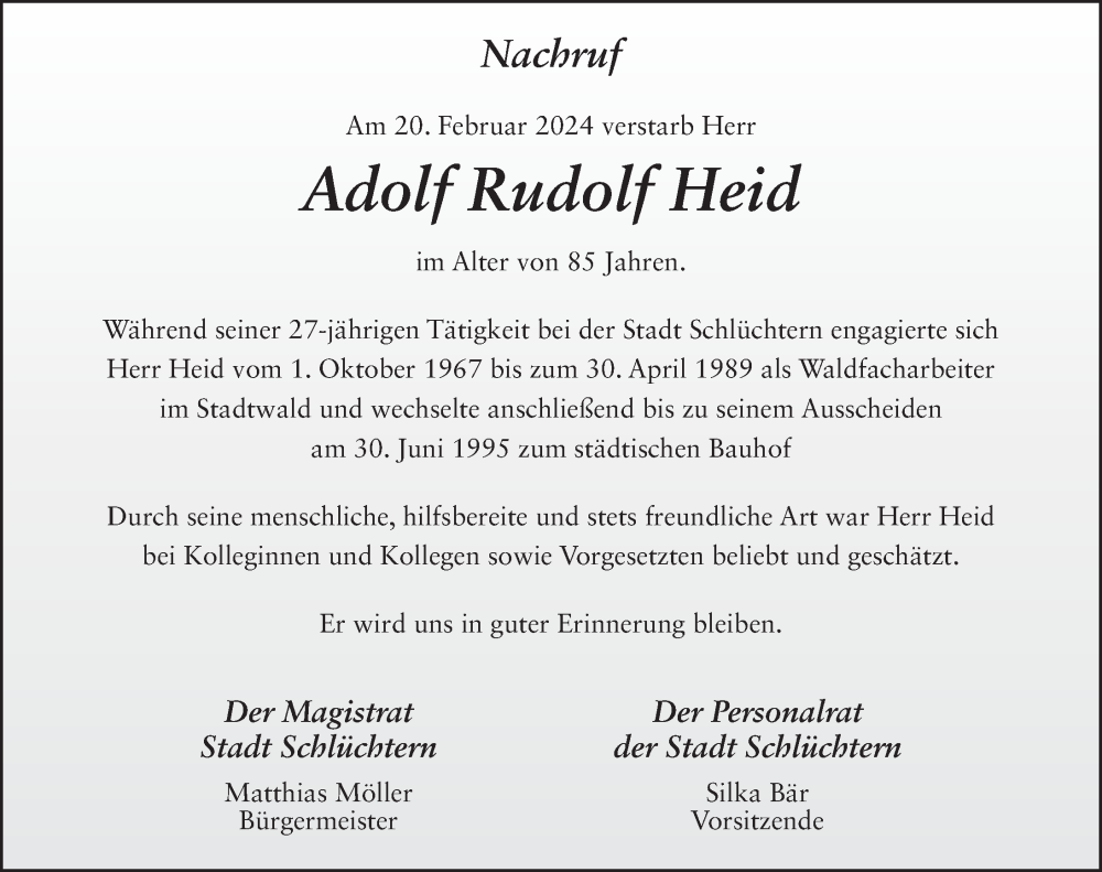  Traueranzeige für Adolf Heid vom 02.03.2024 aus FZ