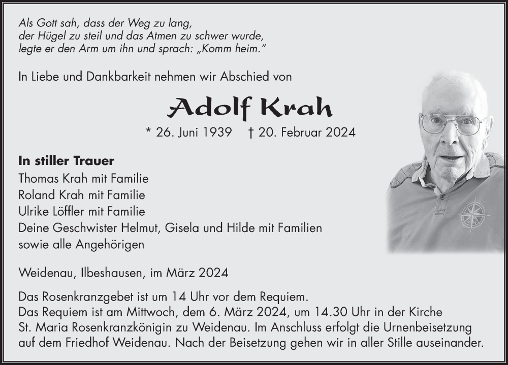  Traueranzeige für Adolf Krah vom 01.03.2024 aus FZ