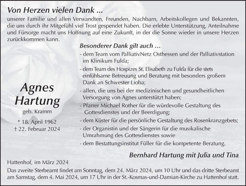  Traueranzeige für Agnes Hartung vom 21.03.2024 aus FZ
