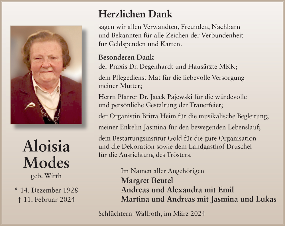  Traueranzeige für Aloisia Modes vom 02.03.2024 aus FZ