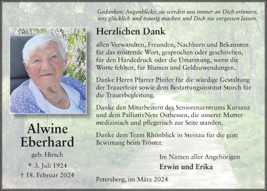 Traueranzeige von Alwine Eberhard von FZ