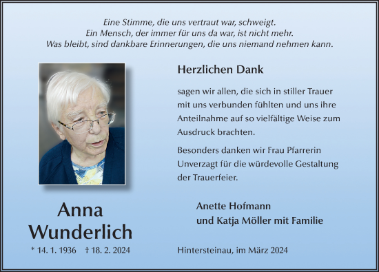 Traueranzeige von Anna Wunderlich von FZ