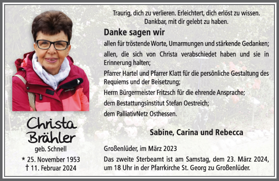 Traueranzeige von Christa Brähler von FZ
