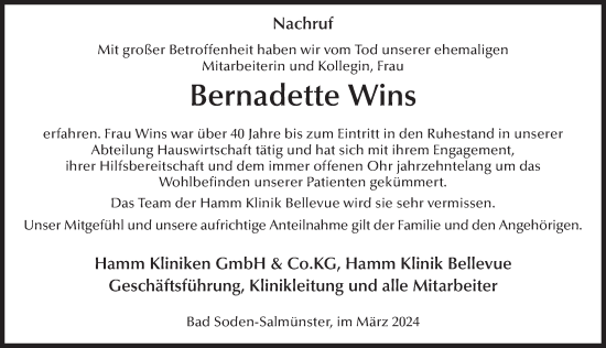 Traueranzeige von Bernadette Wins von FZ